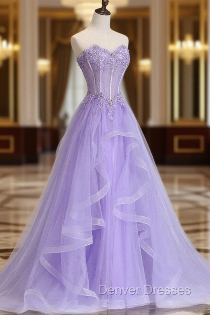 Sleeveless Sweetheart Sweep Train A-line/Princess Tulle Prom Dress With Beading Appliqued