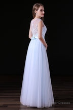 Sleeves Appliques Sheer Lace Button Floor Length Tulle Prom Dresses