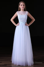 Sleeves Appliques Sheer Lace Button Floor Length Tulle Prom Dresses