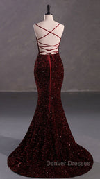 Slim Burgundy Shimmery Open Back Formal Prom Evening Dress