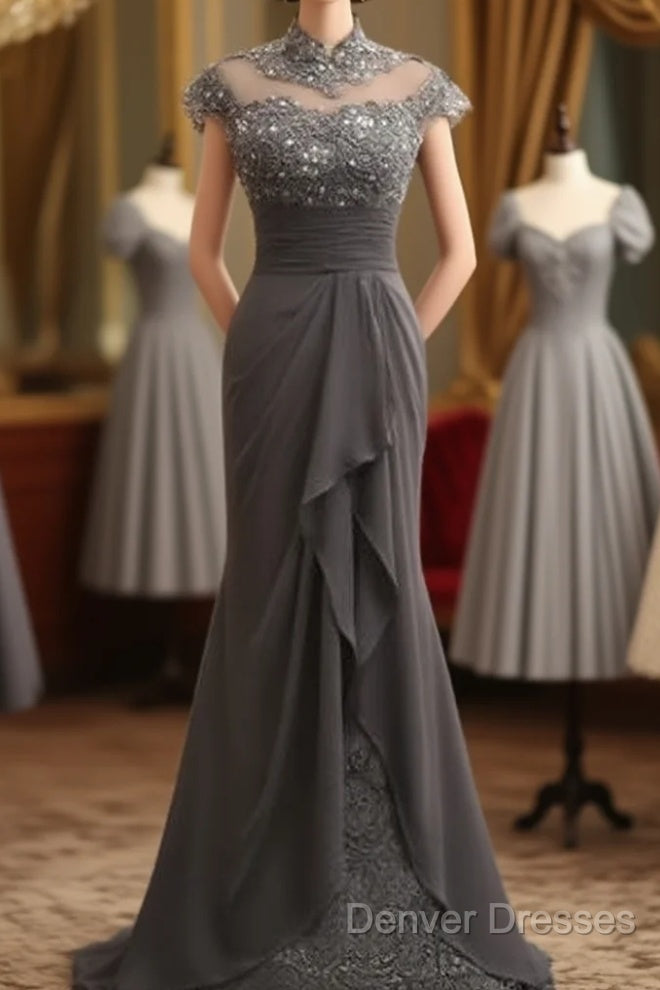 Slim Fit Column Chiffon Lace High Neck Short Sleeved And Floor Length Style Mother Of The Bride Dress Main image