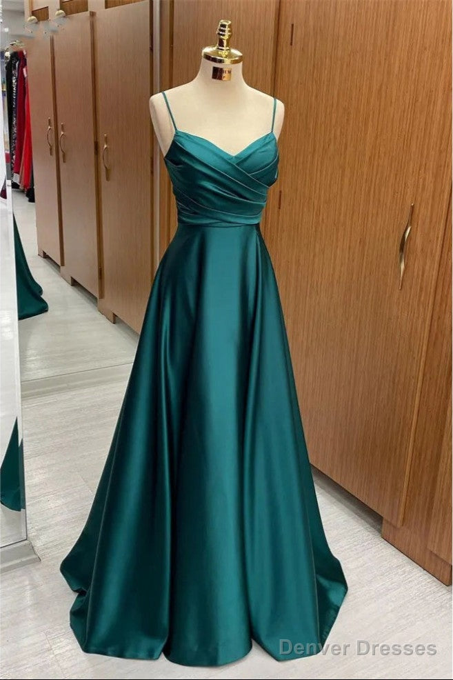 Slim Long Green Satin Aline Prom Dress With Straps Main image