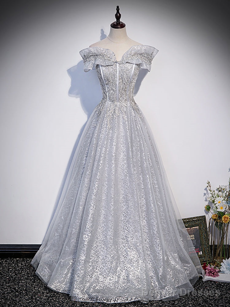 Sliver-Grey Shiny Tulle Off Shoulder  Prom Dress, Sliver Long Party Dresses Main image