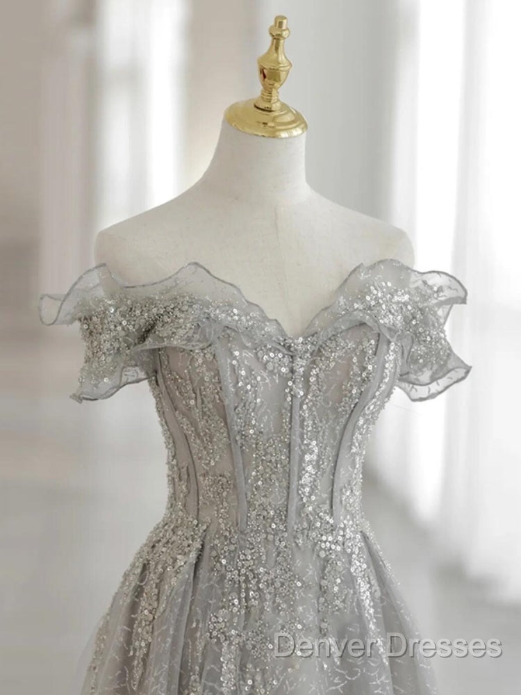 Sliver-Grey Tulle With Sequins Long Party Dress,A-Line Floor Length Prom Dress Secondary image