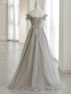 Sliver-Grey Tulle With Sequins Long Party Dress,A-Line Floor Length Prom Dress