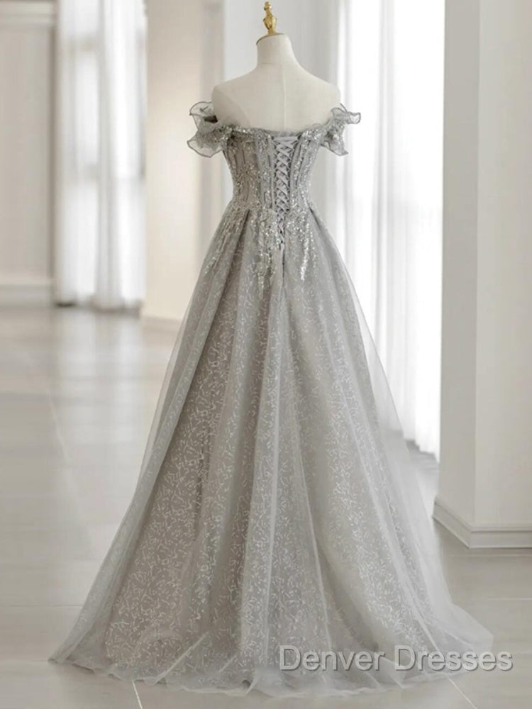 Sliver-Grey Tulle With Sequins Long Party Dress,A-Line Floor Length Prom Dress
