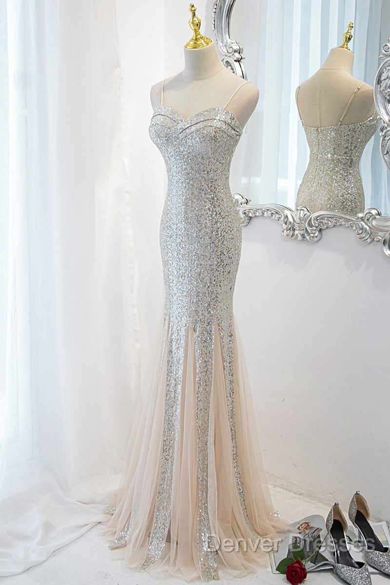 Sliver Sequins Mermaid Straps Long Evening Gown Prom Dress, Long Party Dress Formal Dress Secondary image