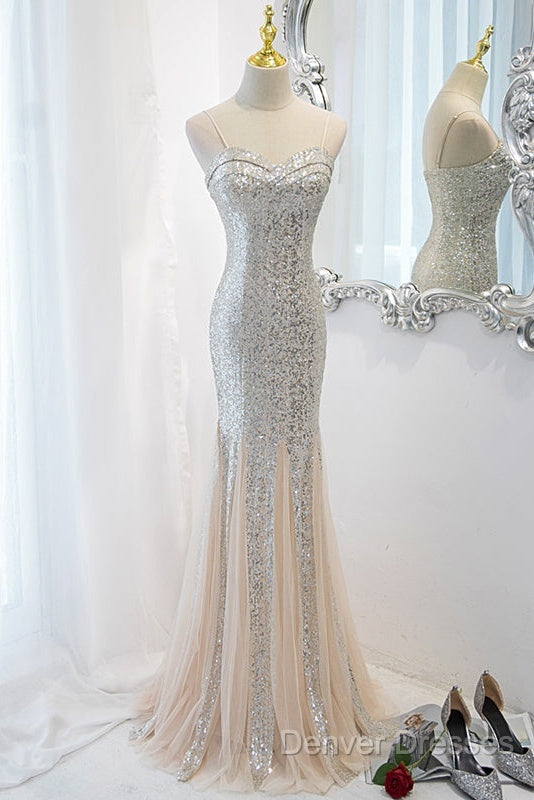 Sliver Sequins Mermaid Straps Long Evening Gown Prom Dress, Long Party Dress Formal Dress