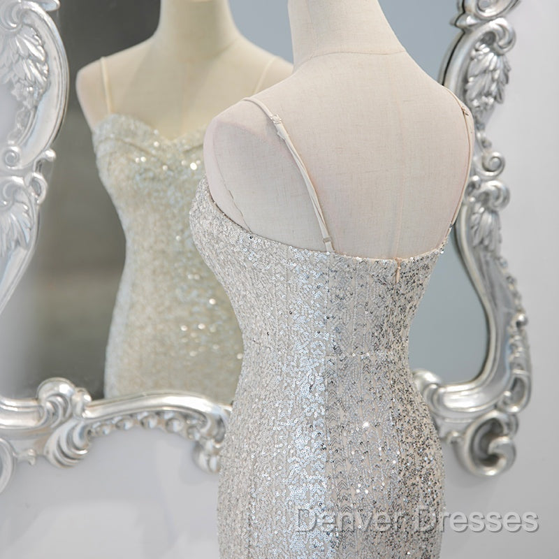 Sliver Sequins Mermaid Straps Long Evening Gown Prom Dress, Long Party Dress Formal Dress