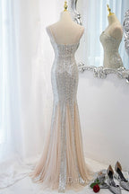 Sliver Sequins Mermaid Straps Long Evening Gown Prom Dress, Long Party Dress Formal Dress
