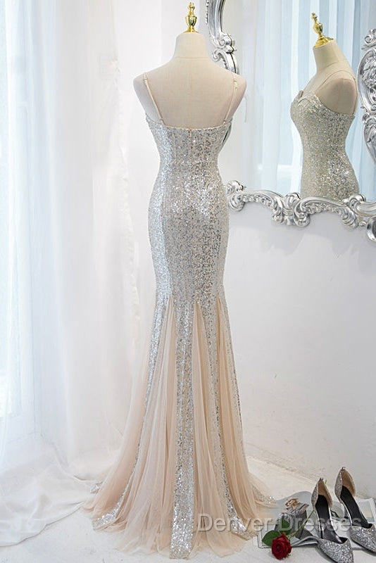 Sliver Sequins Mermaid Straps Long Evening Gown Prom Dress, Long Party Dress Formal Dress