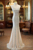 Sliver Sequins Mermaid Straps Long Evening Gown Prom Dress, Long Party Dress Formal Dress