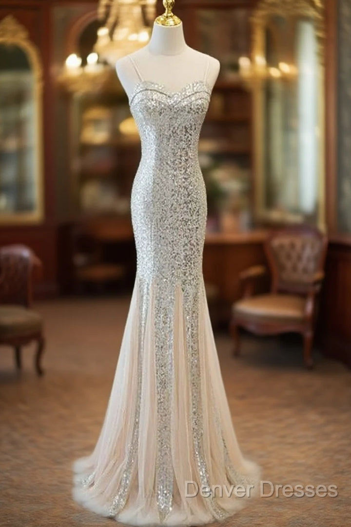 Sliver Sequins Mermaid Straps Long Evening Gown Prom Dress, Long Party Dress Formal Dress