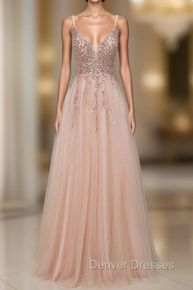 Spagehetti-Strap V-Neck Sleeveless Prom Dress with Beading Main image