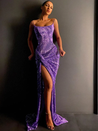 Purple Shiny Sequins Spaghetti Straps Long Slim High Slit Sexy Mermaid Ball Gown Evening Dress Party Dress