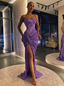 Purple Shiny Sequins Spaghetti Straps Long Slim High Slit Sexy Mermaid Ball Gown Evening Dress Party Dress