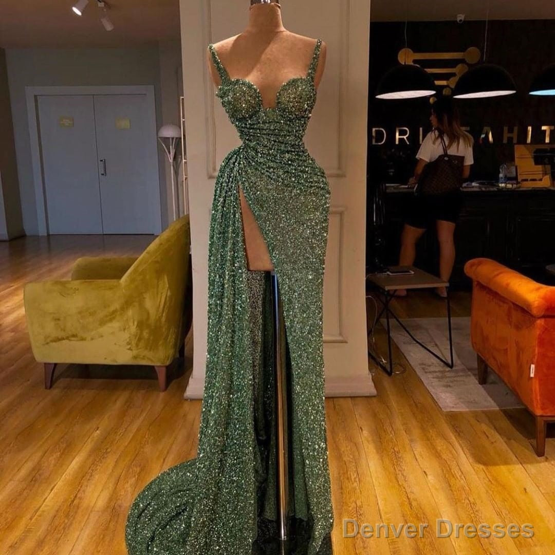Spaghetti-Starps Shinning Sequins Mermaid Prom Dress With Split Main image