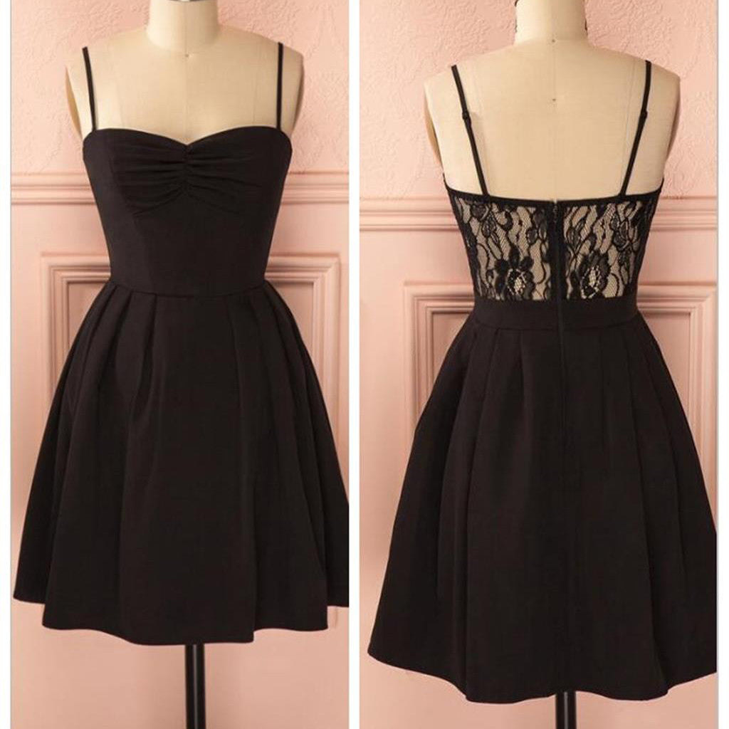 Spaghetti strap black simple lace cheap sexy homecoming prom dress Main image