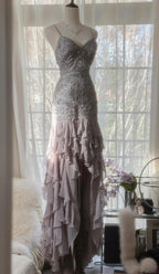 Elegant Purple Spaghetti Strap Appliques Bodycon Open Back Evening Dress Chiffon Sequin Long Prom Dress