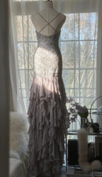 Elegant Purple Spaghetti Strap Appliques Bodycon Open Back Evening Dress Chiffon Sequin Long Prom Dress