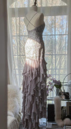 Elegant Purple Spaghetti Strap Appliques Bodycon Open Back Evening Dress Chiffon Sequin Long Prom Dress