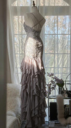 Elegant Purple Spaghetti Strap Appliques Bodycon Open Back Evening Dress Chiffon Sequin Long Prom Dress