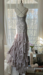 Elegant Purple Spaghetti Strap Appliques Bodycon Open Back Evening Dress Chiffon Sequin Long Prom Dress