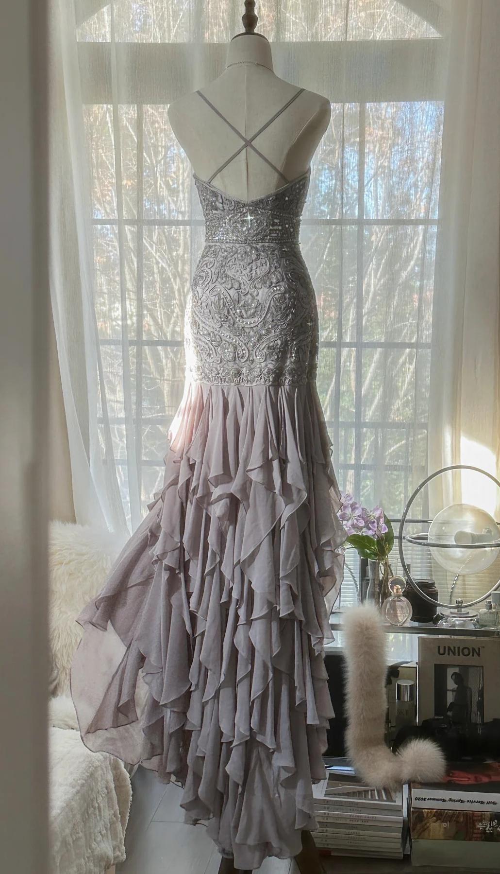 Elegant Purple Spaghetti Strap Appliques Bodycon Open Back Evening Dress Chiffon Sequin Long Prom Dress