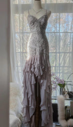 Elegant Purple Spaghetti Strap Appliques Bodycon Open Back Evening Dress Chiffon Sequin Long Prom Dress