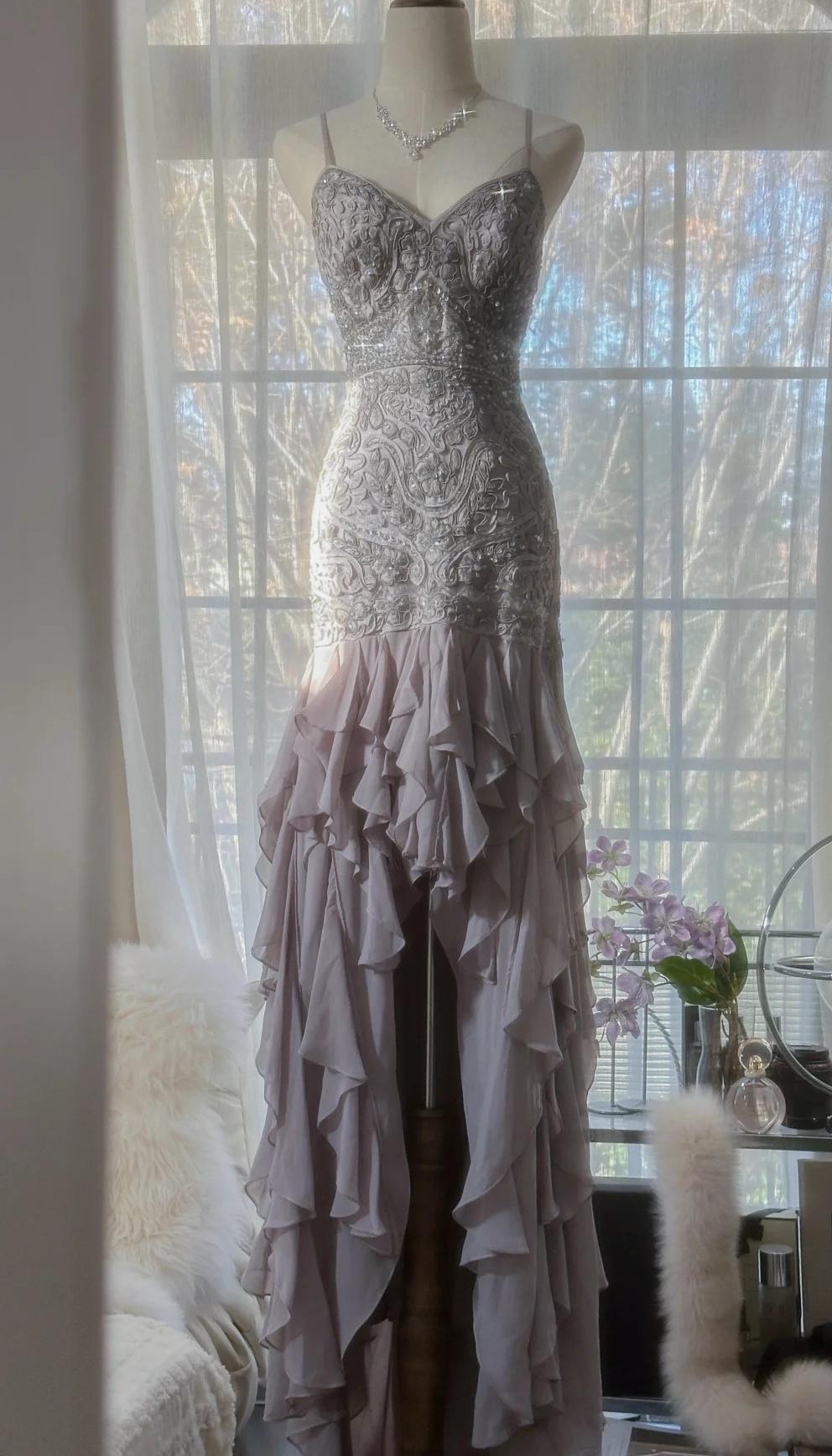 Elegant Purple Spaghetti Strap Appliques Bodycon Open Back Evening Dress Chiffon Sequin Long Prom Dress