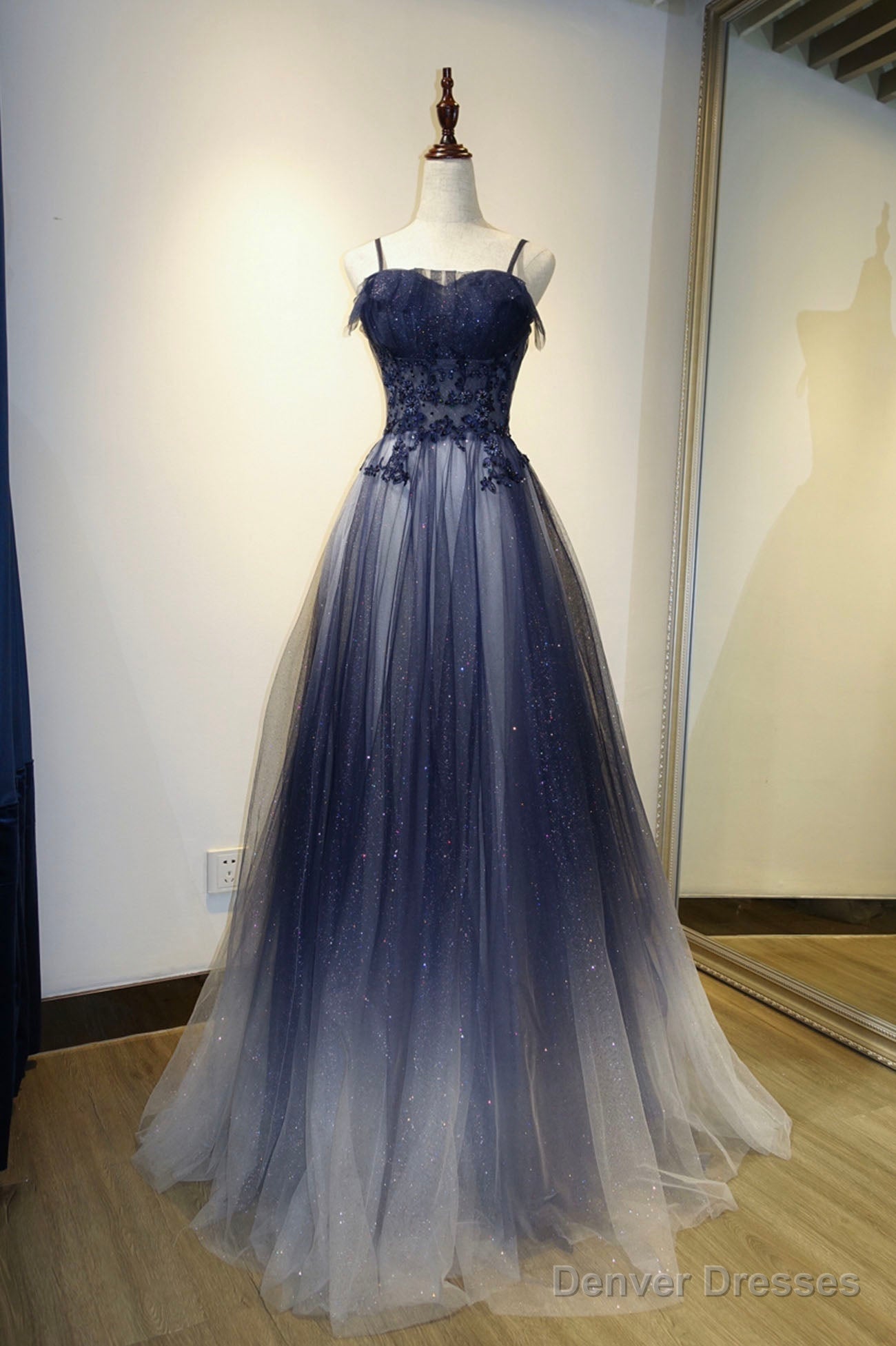 Spaghetti Strap Gradient Tulle Long Formal Dress, Blue Evening Party Dress Main image