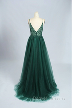 Spaghetti Strap Green A Line Long Prom Dress V Neck Formal Evening Gown Party Dress