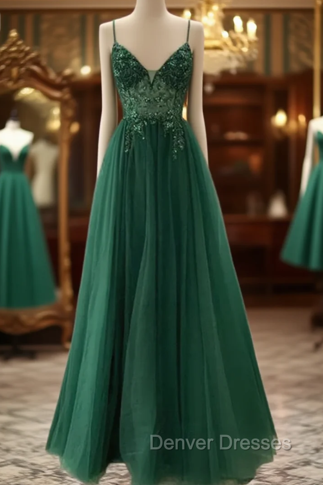 Spaghetti Strap Green A Line Long Prom Dress V Neck Formal Evening Gown Party Dress Main image