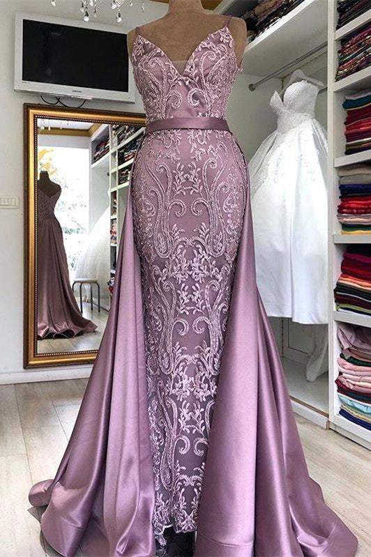 Spaghetti Strap Lilac Sleeveless Evening Dress With Overskirt Chic V-Back Prom Party Gowns With Gorgeous Lace Appliques