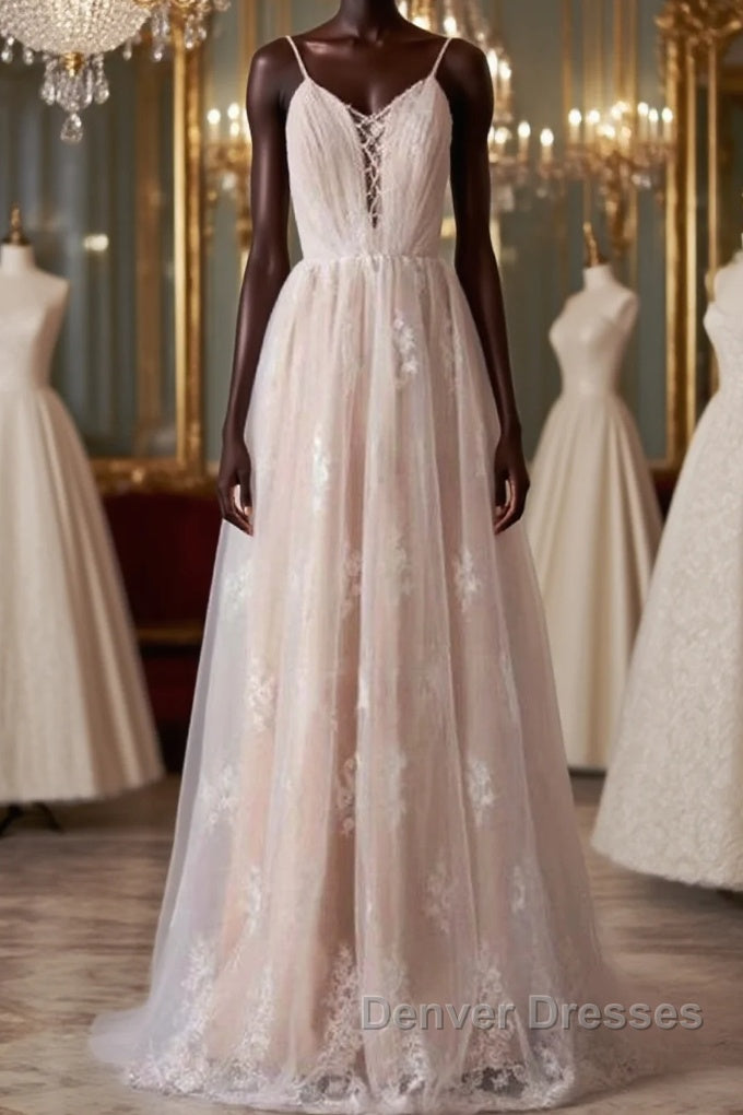 Spaghetti Strap Ruffle Lace A-line Wedding Dress