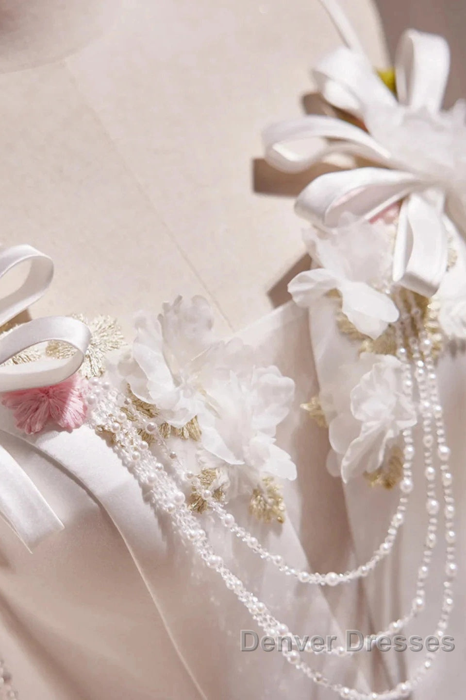 Spaghetti Strap Satin White Floral Short Prom Dress