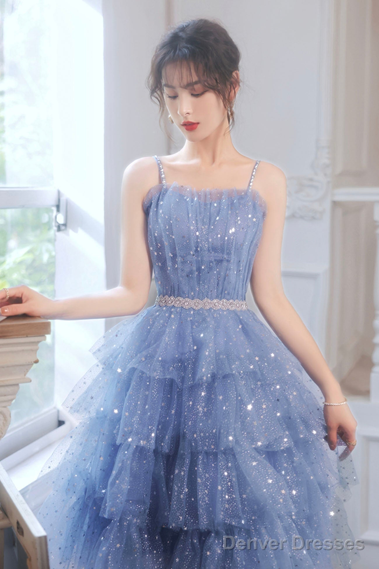 Spaghetti Strap Tulle Short Prom Dress, Cute Blue Homecoming Party Dress