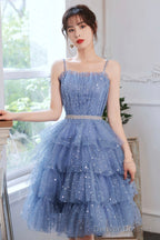 Spaghetti Strap Tulle Short Prom Dress, Cute Blue Homecoming Party Dress