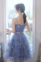 Spaghetti Strap Tulle Short Prom Dress, Cute Blue Homecoming Party Dress