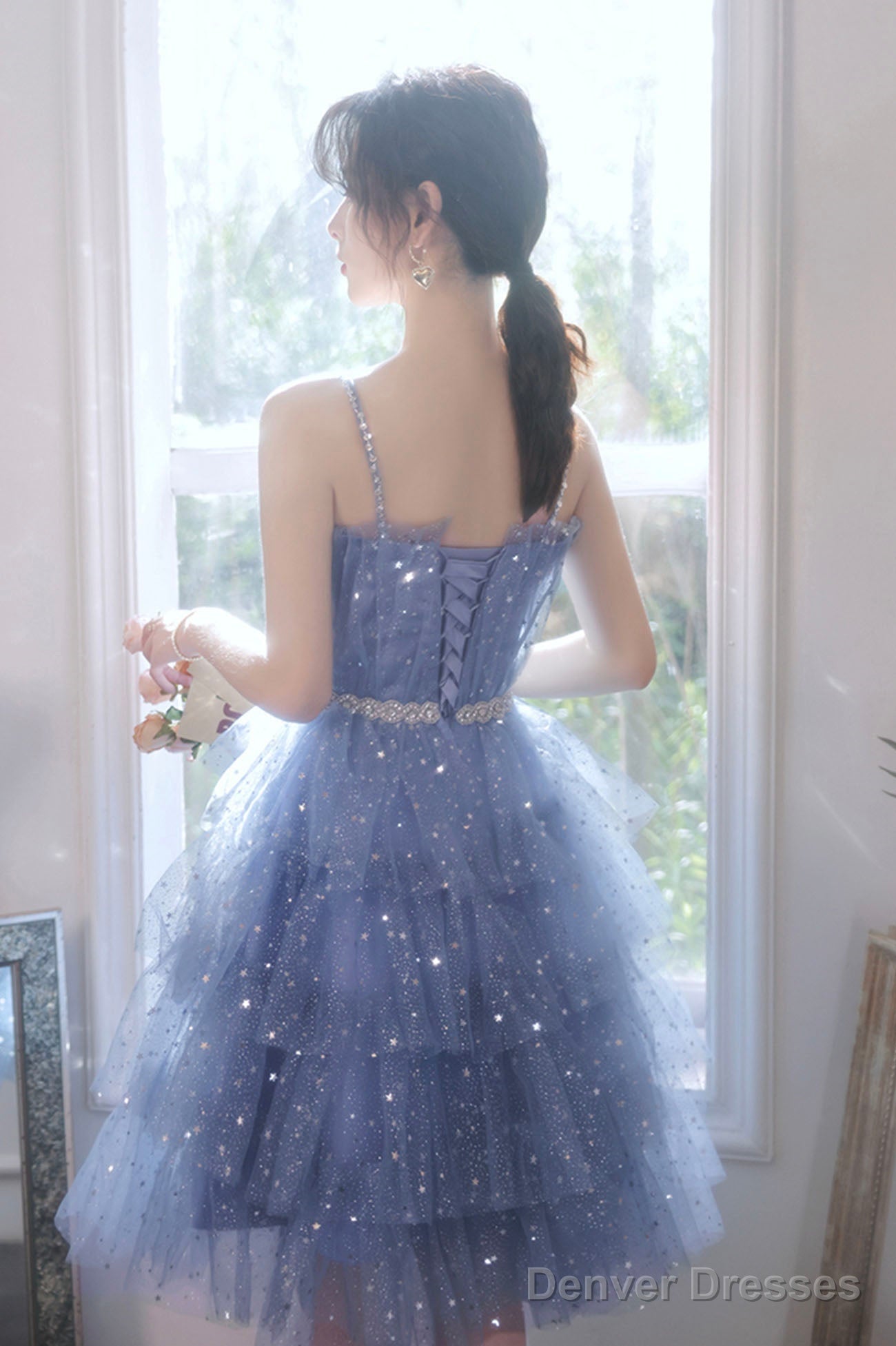 Spaghetti Strap Tulle Short Prom Dress, Cute Blue Homecoming Party Dress