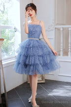 Spaghetti Strap Tulle Short Prom Dress, Cute Blue Homecoming Party Dress