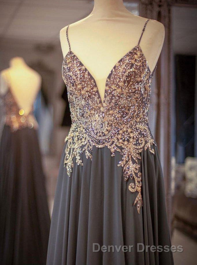 Gray Spaghetti Straps A-line Beaded Long Prom Dress Secondary image