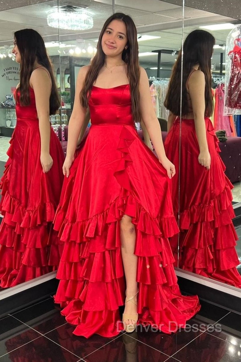 Spaghetti Straps A Line Lace-Up Ruffle Tiered Red Prom Dress with Slit Secondary image