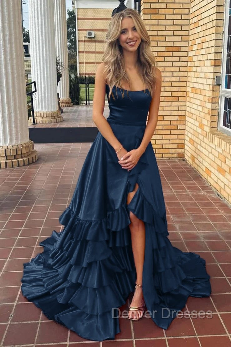 Spaghetti Straps A Line Lace-Up Ruffle Tiered Red Prom Dress with Slit