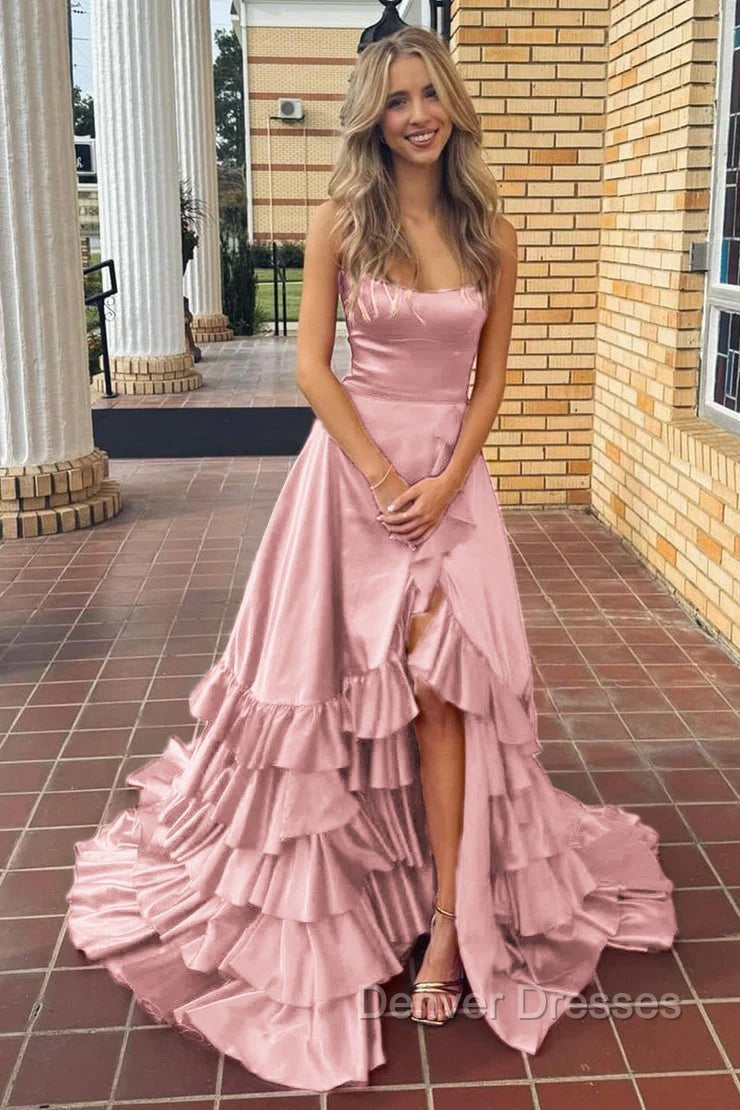 Spaghetti Straps A Line Lace-Up Ruffle Tiered Red Prom Dress with Slit
