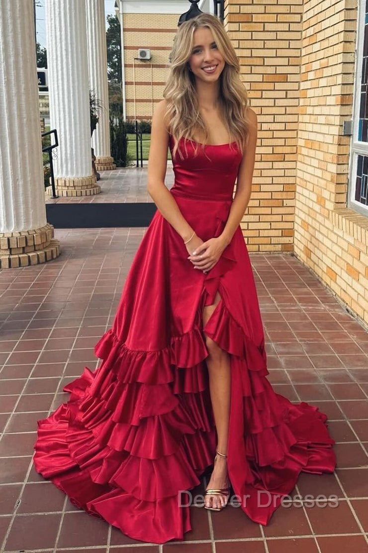 Spaghetti Straps A Line Lace-Up Ruffle Tiered Red Prom Dress with Slit Main image