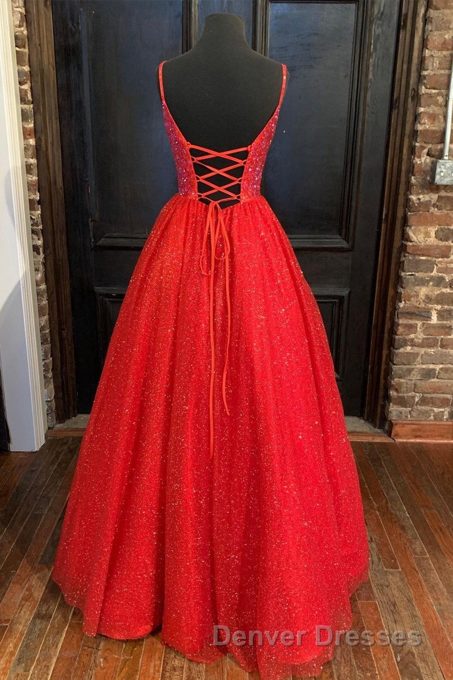 Spaghetti Straps A-line Red Shiny Prom Gown,Long Prom Dress Secondary image