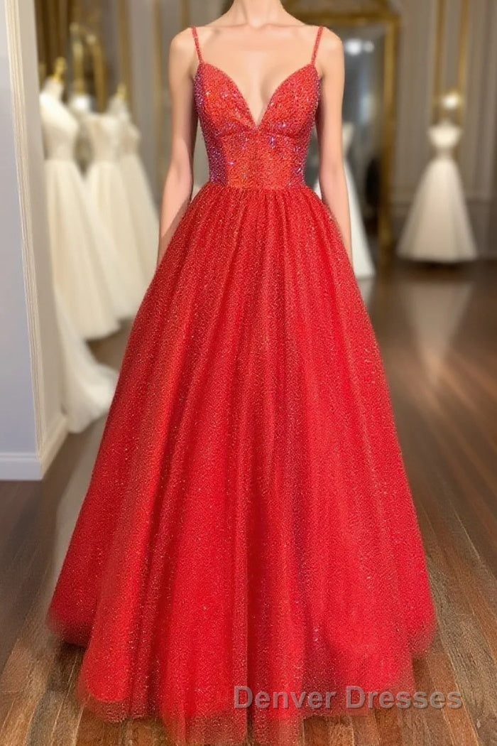 Spaghetti Straps A-line Red Shiny Prom Gown,Long Prom Dress