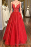 Spaghetti Straps A-line Red Shiny Prom Gown,Long Prom Dress
