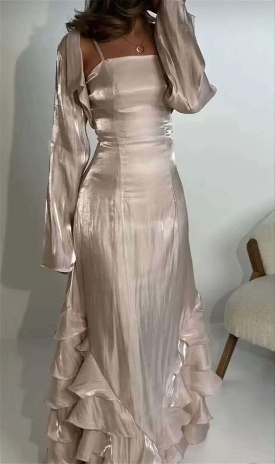 Spaghetti Straps A Line Ruffled Long Prom Dress